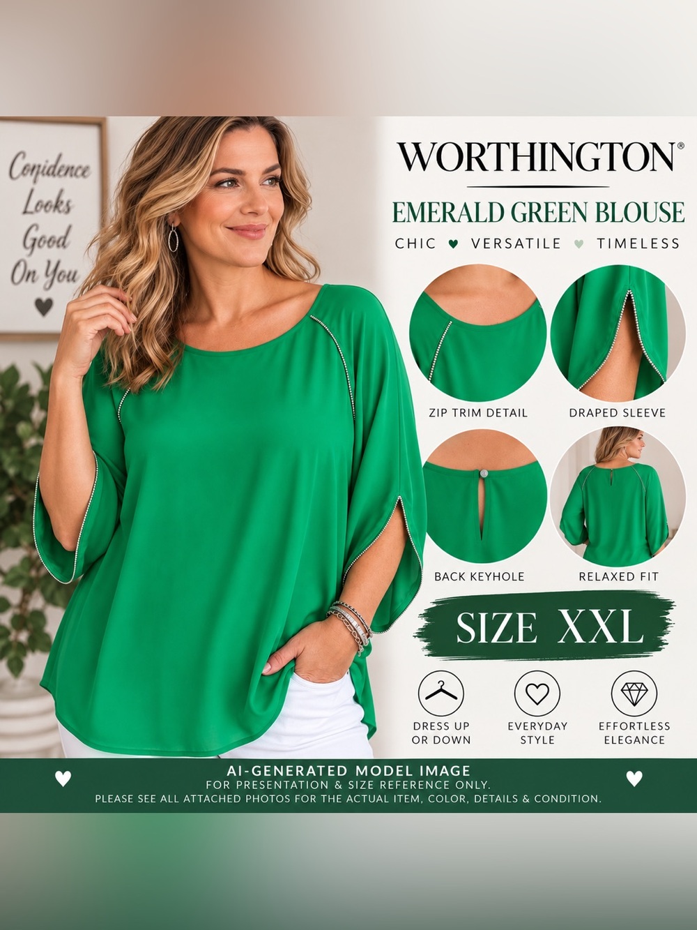 WORTHINGTON EMERALD GREEN DRAPED SLEEVE BLOUSE • SIZE XXL